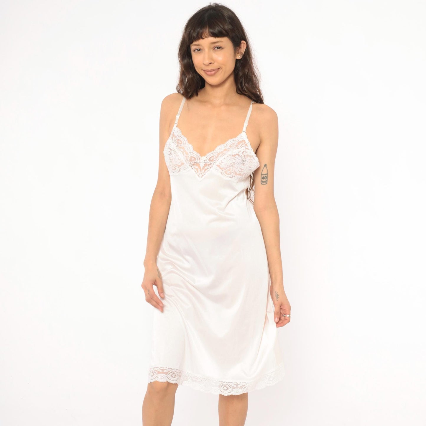 80s Vassarette White Nylon Slip Dress Scalloped Lace Spaghetti Strap Large L