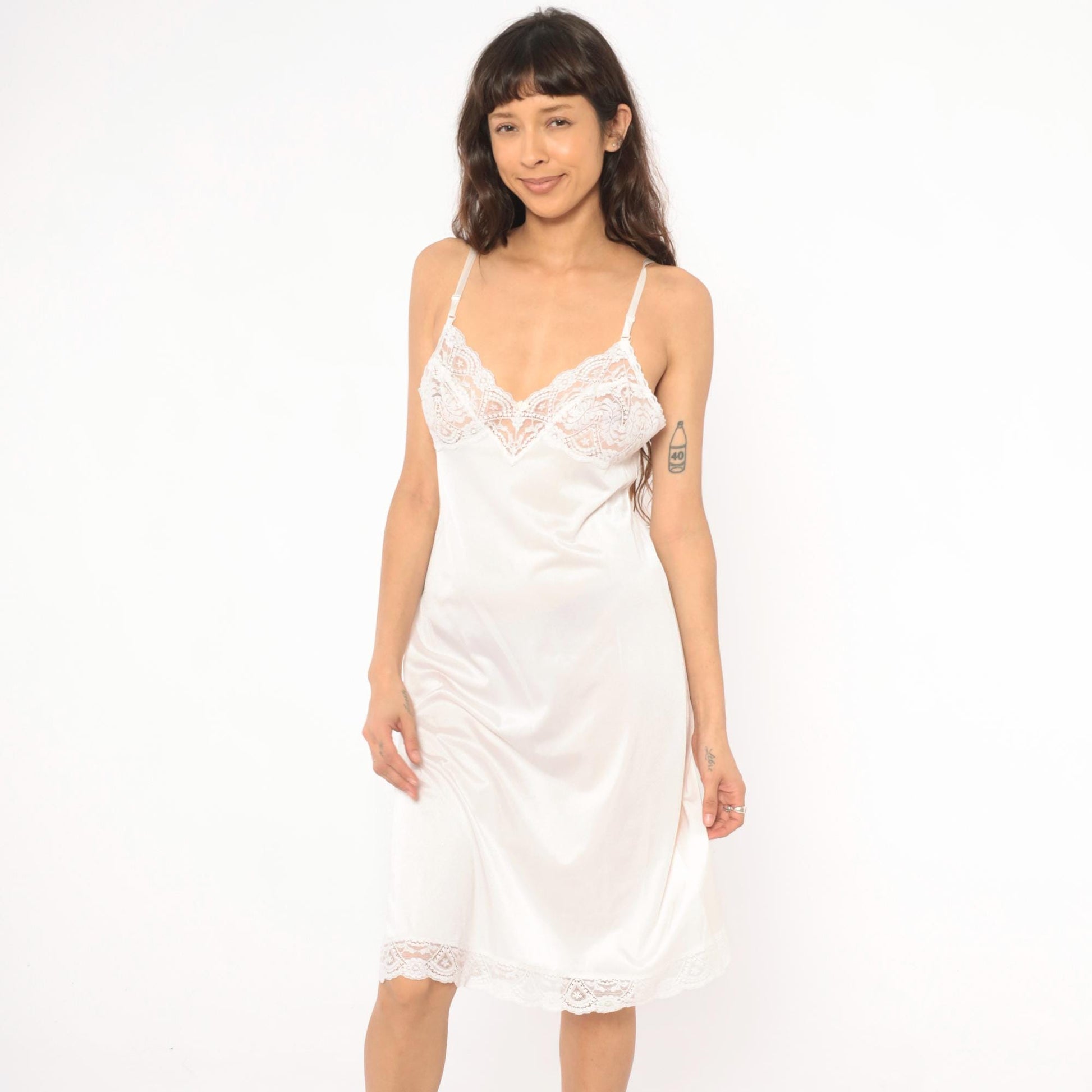 80s Vassarette White Nylon Slip Dress Scalloped Lace Spaghetti Strap Large L