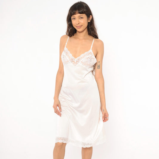 80s Vassarette White Nylon Slip Dress Scalloped Lace Spaghetti Strap Large L