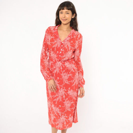 70s H Coral Floral Shirtdress Button Front Bishop Sleeves Midi Medium M