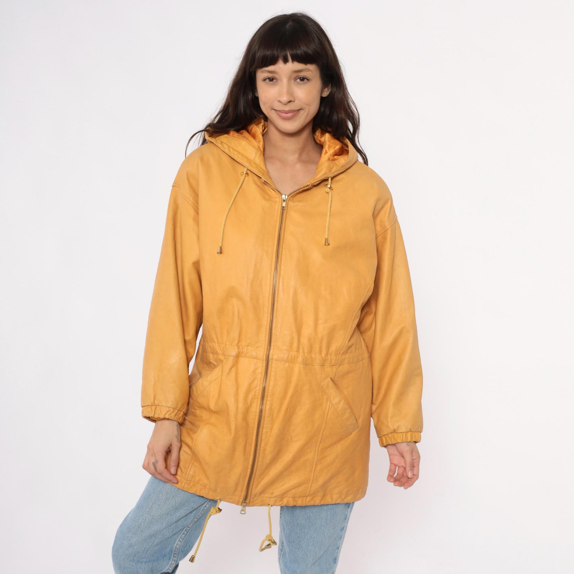 90s Wilsons Leather Hooded Jacket Mustard Yellow Zip Parka Medium M
