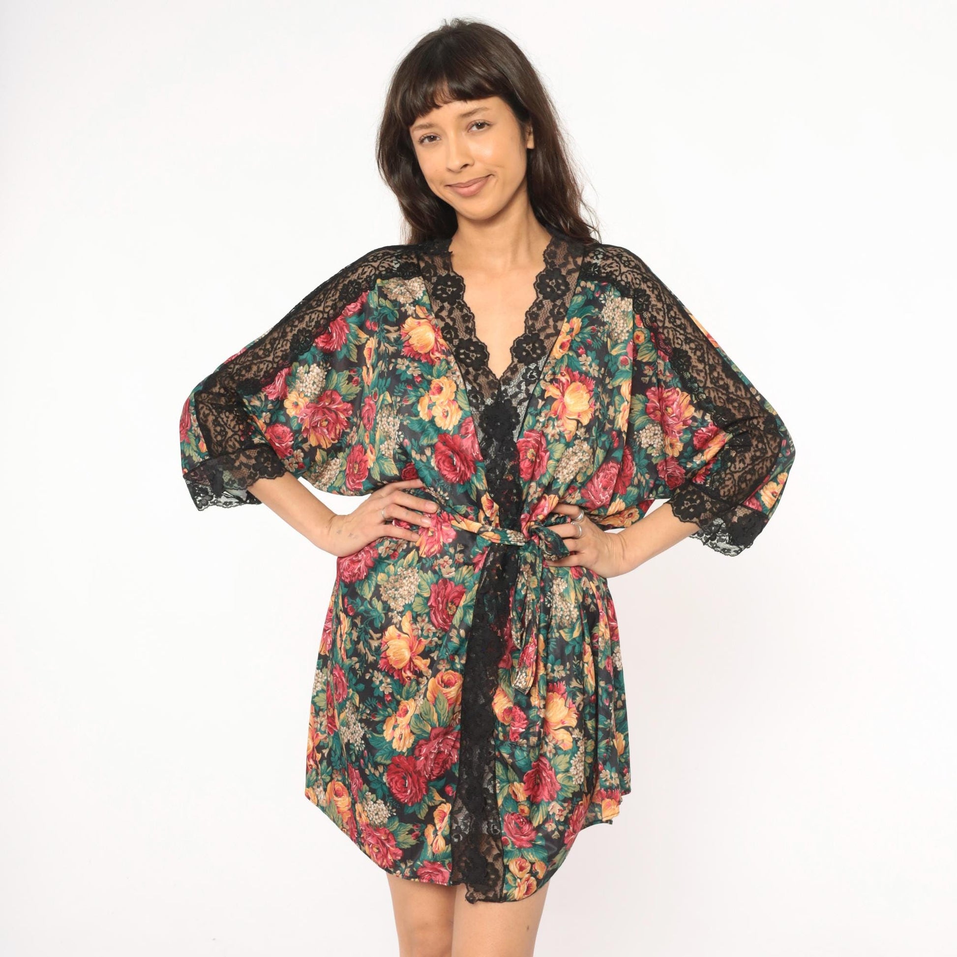 90s Sopre Lingerie Floral Wrap Robe Black Rose Print Lace Trim Plus Size 3X