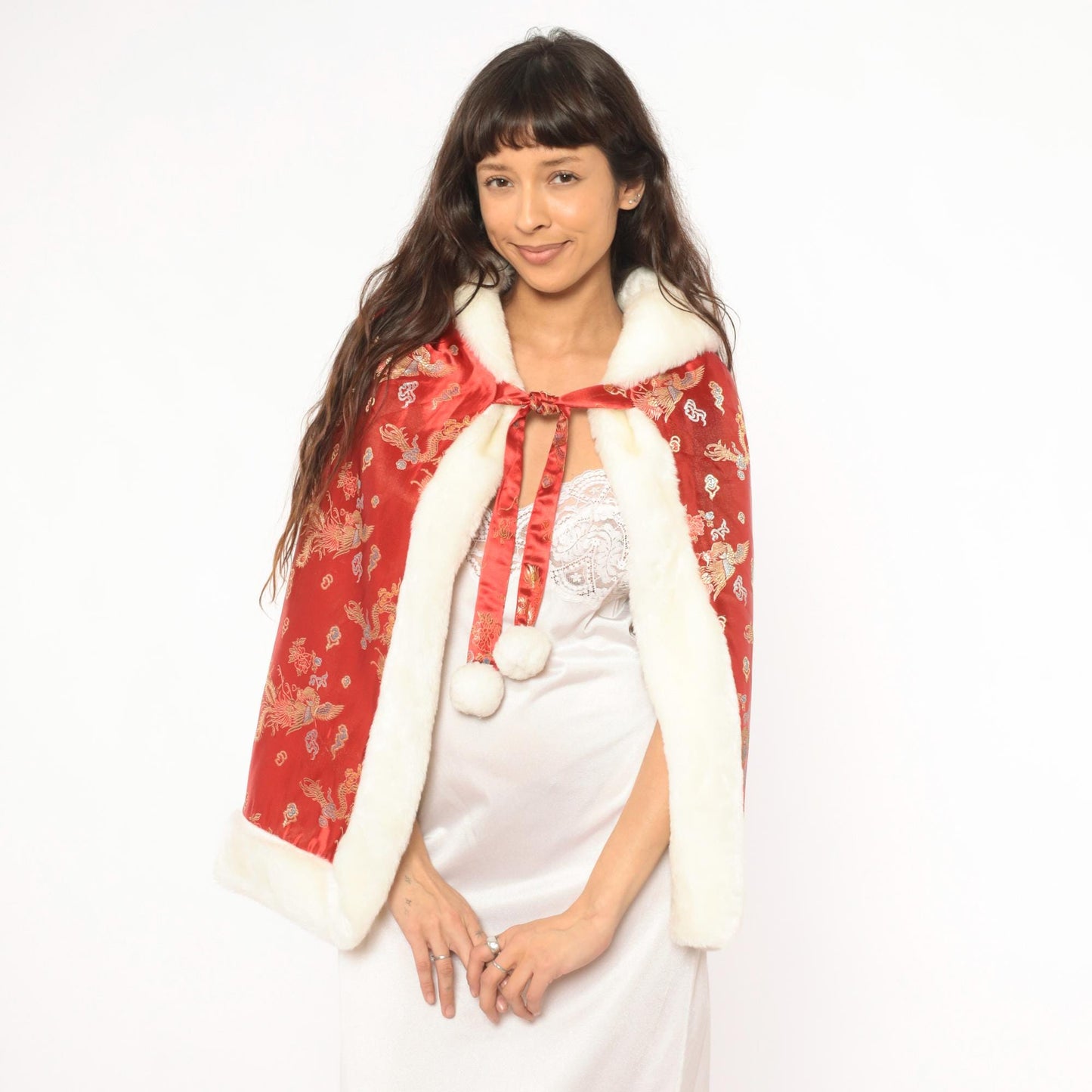 80s Reversible Faux Fur Cape Red Dragon Phoenix Brocade Hooded Cloak Extra Extra Small
