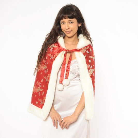 80s Reversible Faux Fur Cape Red Dragon Phoenix Brocade Hooded Cloak Extra Extra Small