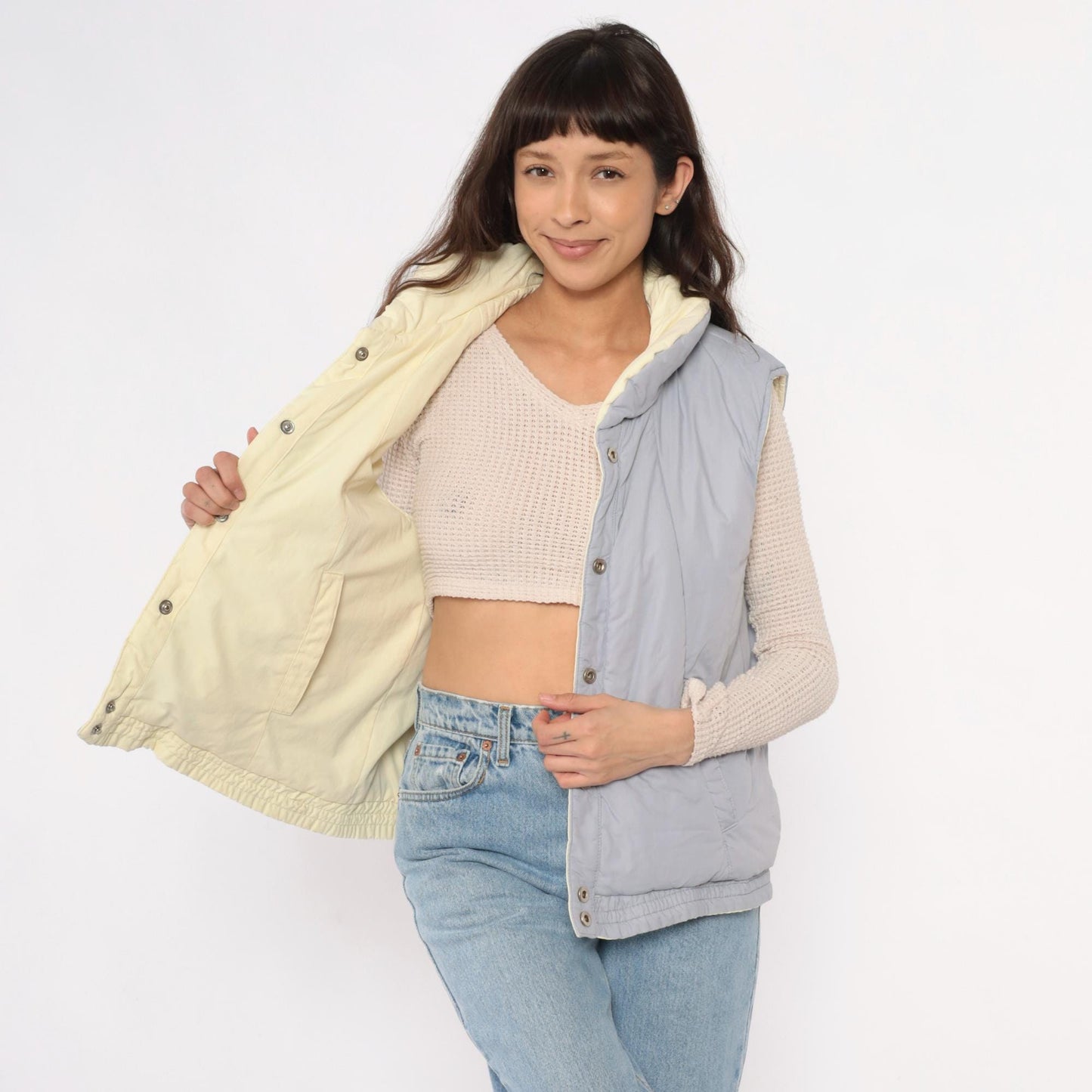 80s Reversible Quilted Vest Yellow Grey Puffer Sleeveless Medium
