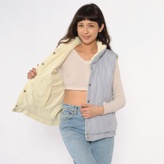 80s Reversible Quilted Vest Yellow Grey Puffer Sleeveless Medium