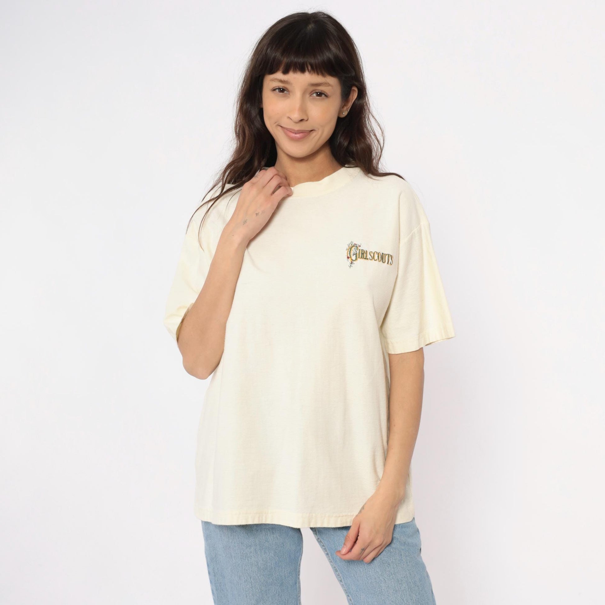 90s Girl Scouts Embroidered Logo Cotton Tee Cream Large L