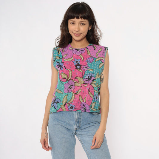 90s Floral Patchwork Tank Top Pink Purple Teal Sleeveless Shell Small
