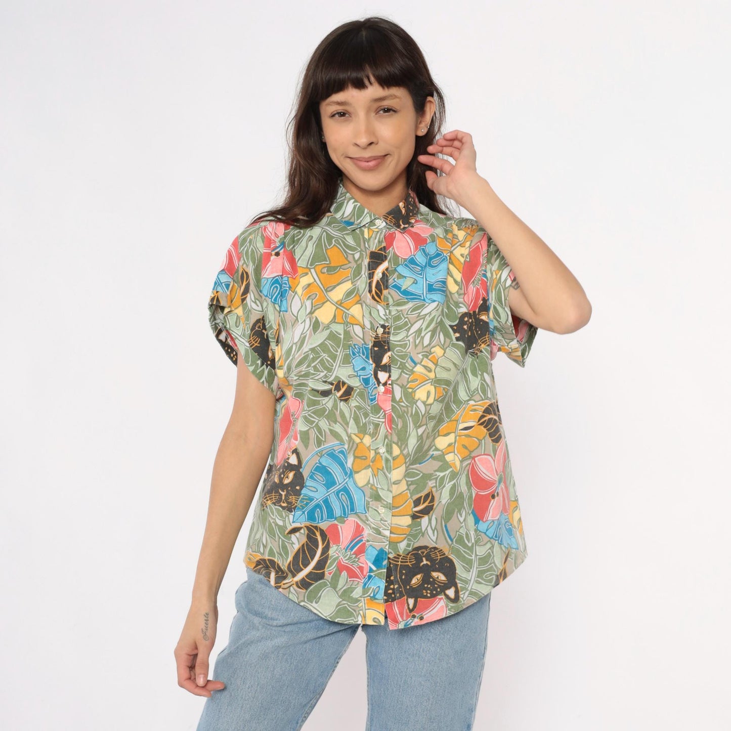 90s Black Panther Tropical Print Button-Up Shirt Monstera Leaf Multicolor Large L