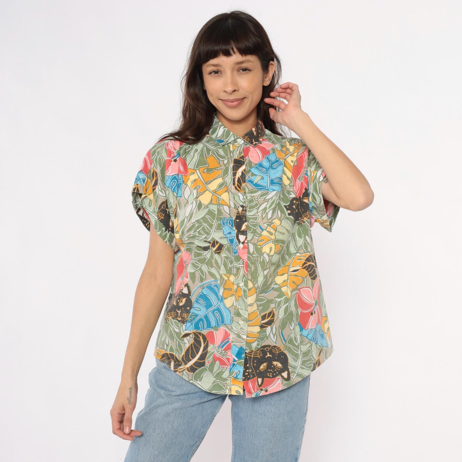 90s Black Panther Tropical Print Button-Up Shirt Monstera Leaf Multicolor Large L