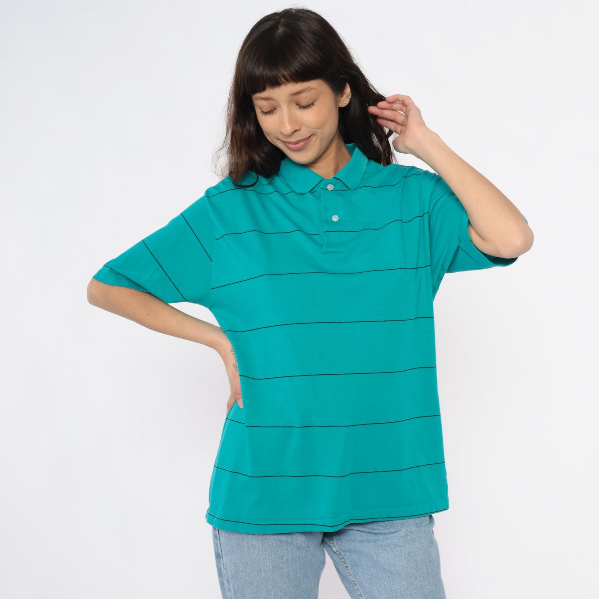 80s Chesterfield Teal Striped Polo Shirt Black Lines Cotton Large L