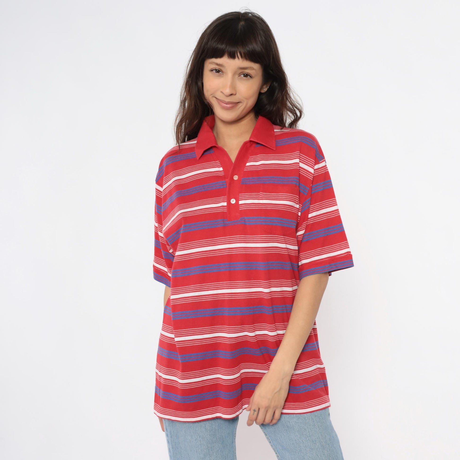 80s Red Striped Polo Shirt White Blue Horizontal Stripes Collared Extra Large XL