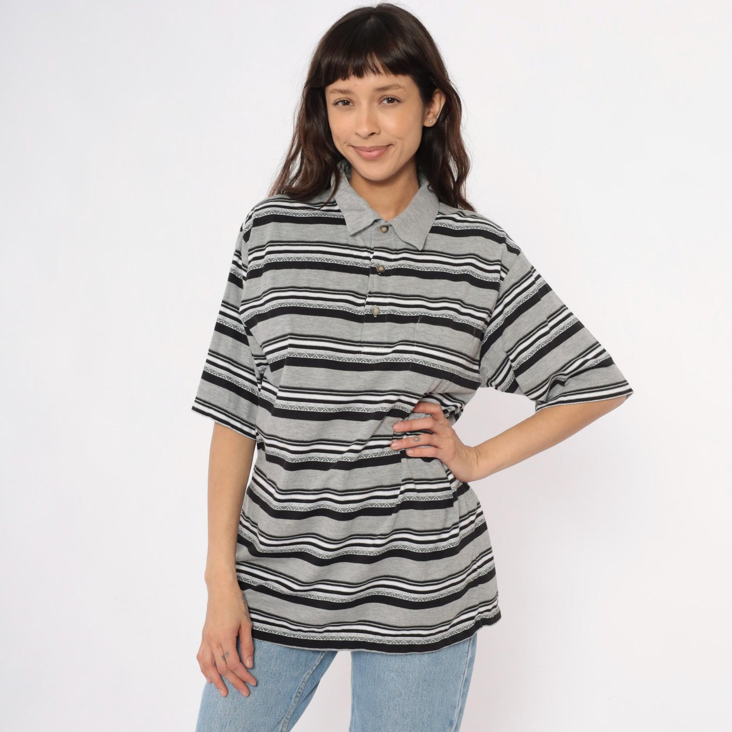 90s Classic by Palmland Striped Polo Shirt Grey Black White Extra Large XL