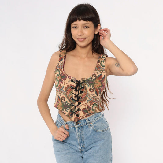 90s B Coole Designs Tapestry Lace-Up Vest Paisley Green Beige Small