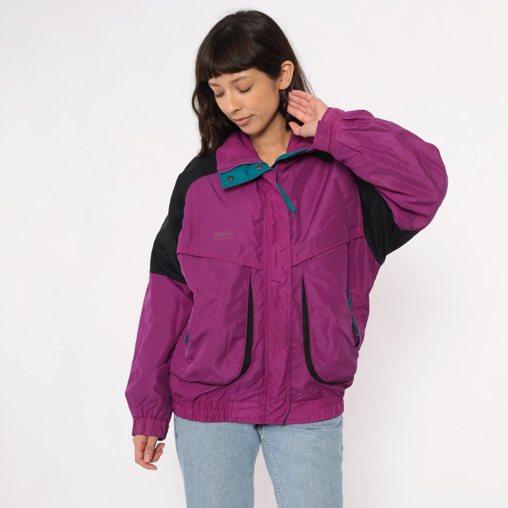 90s Columbia Magenta Windbreaker Colorblock Jacket Teal Trim Large L