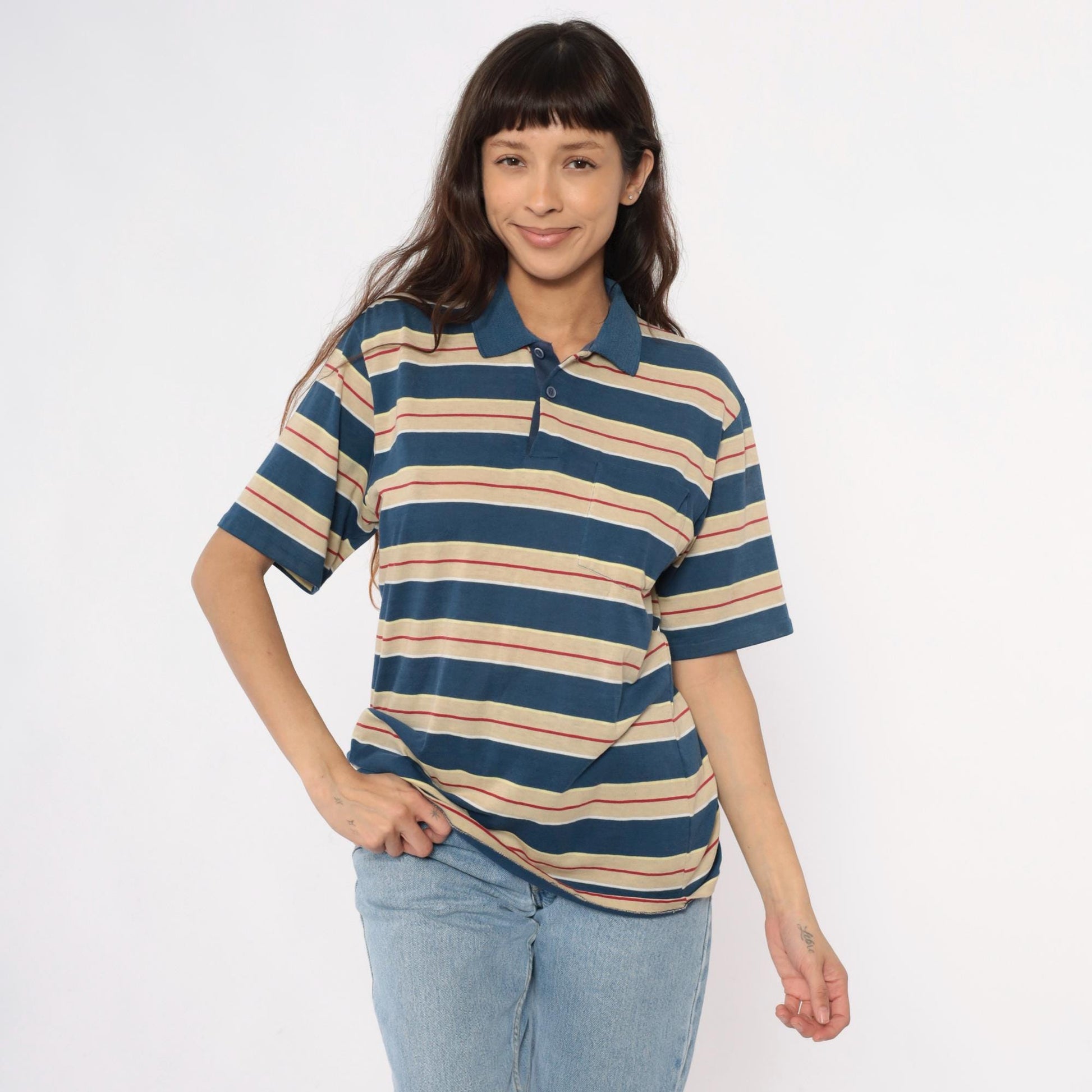80s Striped Polo Shirt Navy Cream Red Horizontal Stripes Unisex Large