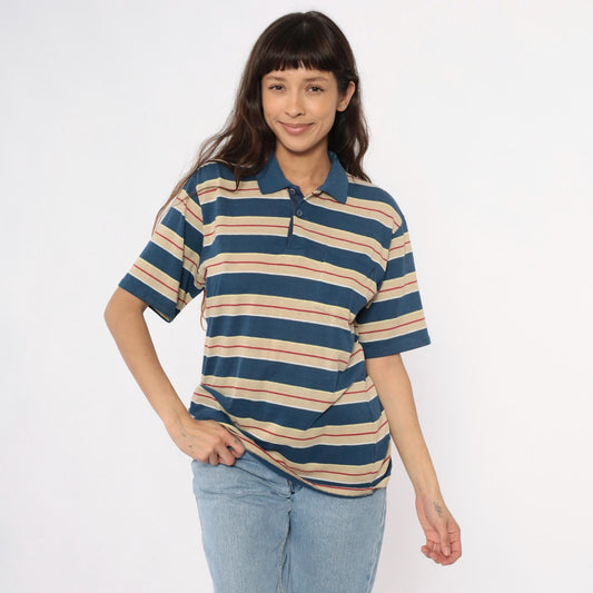 80s Striped Polo Shirt Navy Cream Red Horizontal Stripes Unisex Large