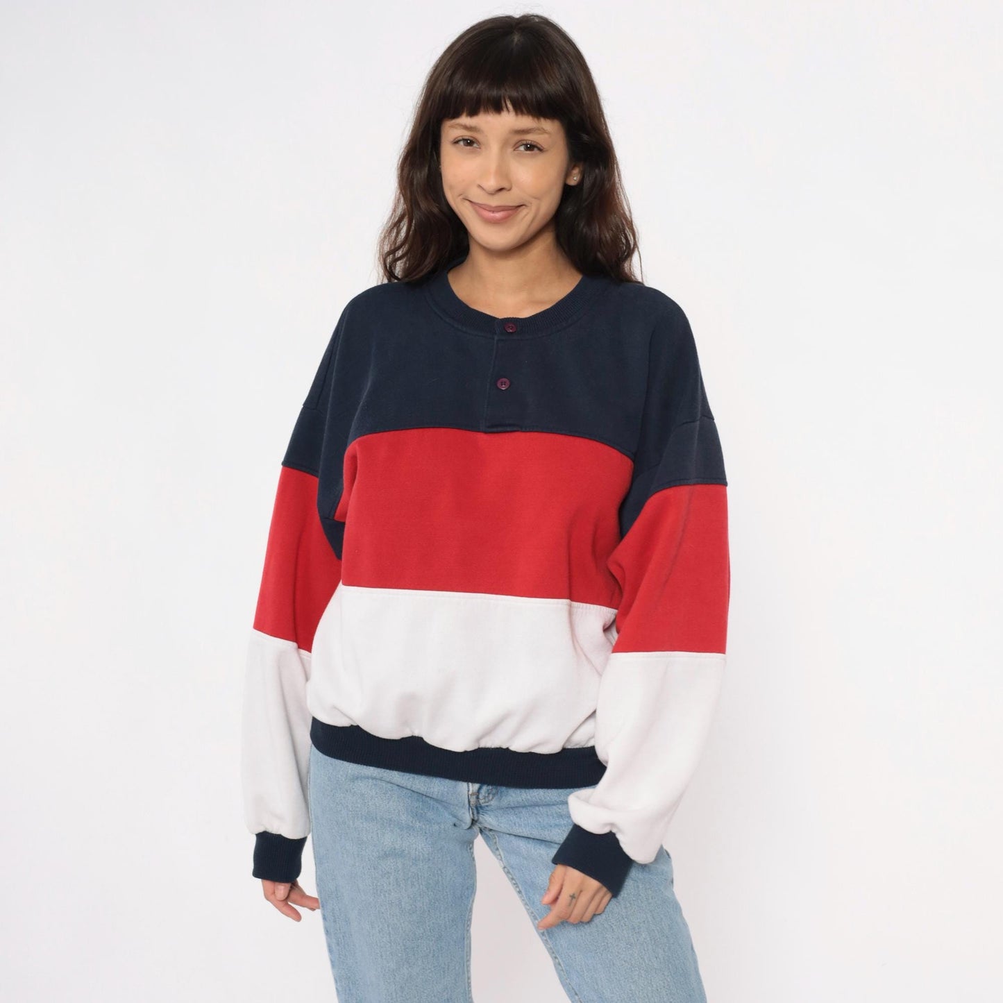 80s Color Block Sweatshirt Navy Red White Striped Henley Button Neck Medium