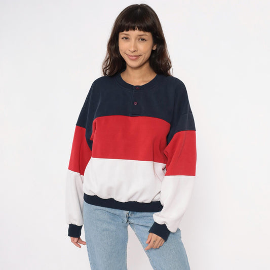 80s Color Block Sweatshirt Navy Red White Striped Henley Button Neck Medium