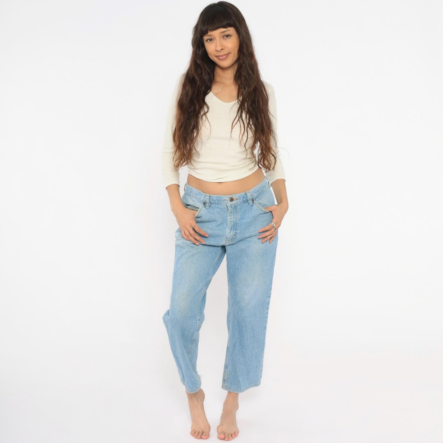 Y2K Light Wash Straight Leg Cropped Jeans Raw Hem Blue Cotton Large L
