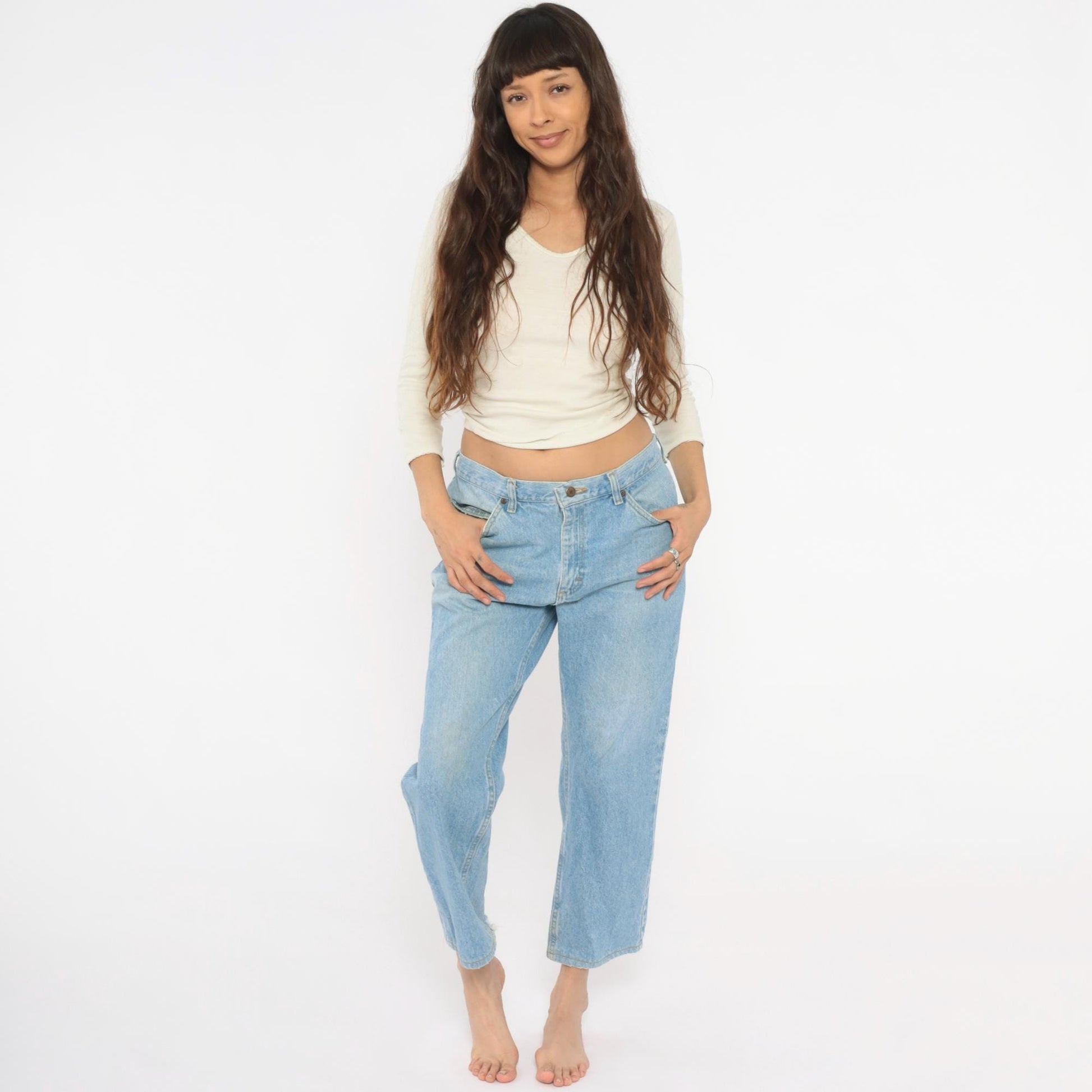 Y2K Light Wash Straight Leg Cropped Jeans Raw Hem Blue Cotton Large L