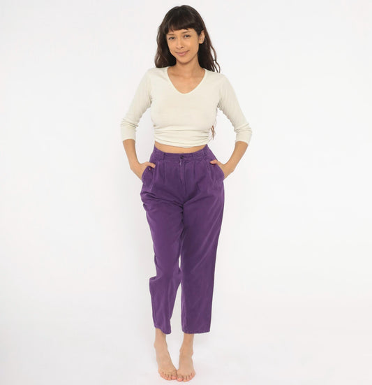 90s Sierra Purple Pleated High-Waisted Trousers Cotton Tapered Ankle XS