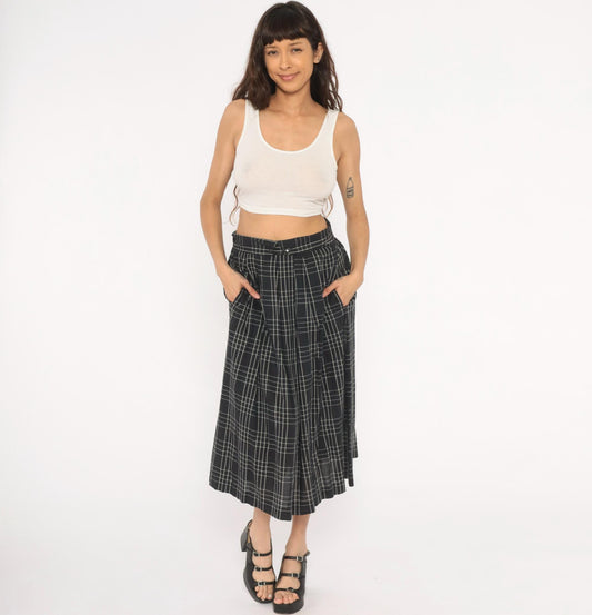 80s Heron Cove Casuals Windowpane Plaid Midi Skirt Black White Pleated Large L