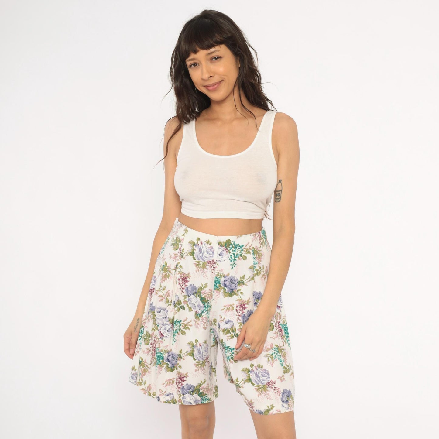 90s Floral Culotte Shorts High Waist Wide Leg Ivory Purple Rose Medium
