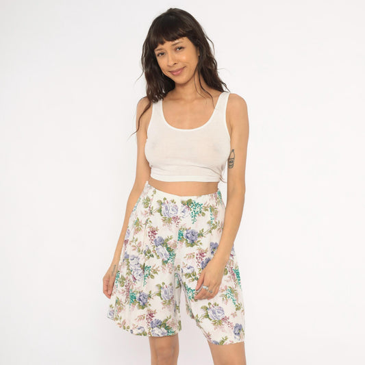 90s Floral Culotte Shorts High Waist Wide Leg Ivory Purple Rose Medium