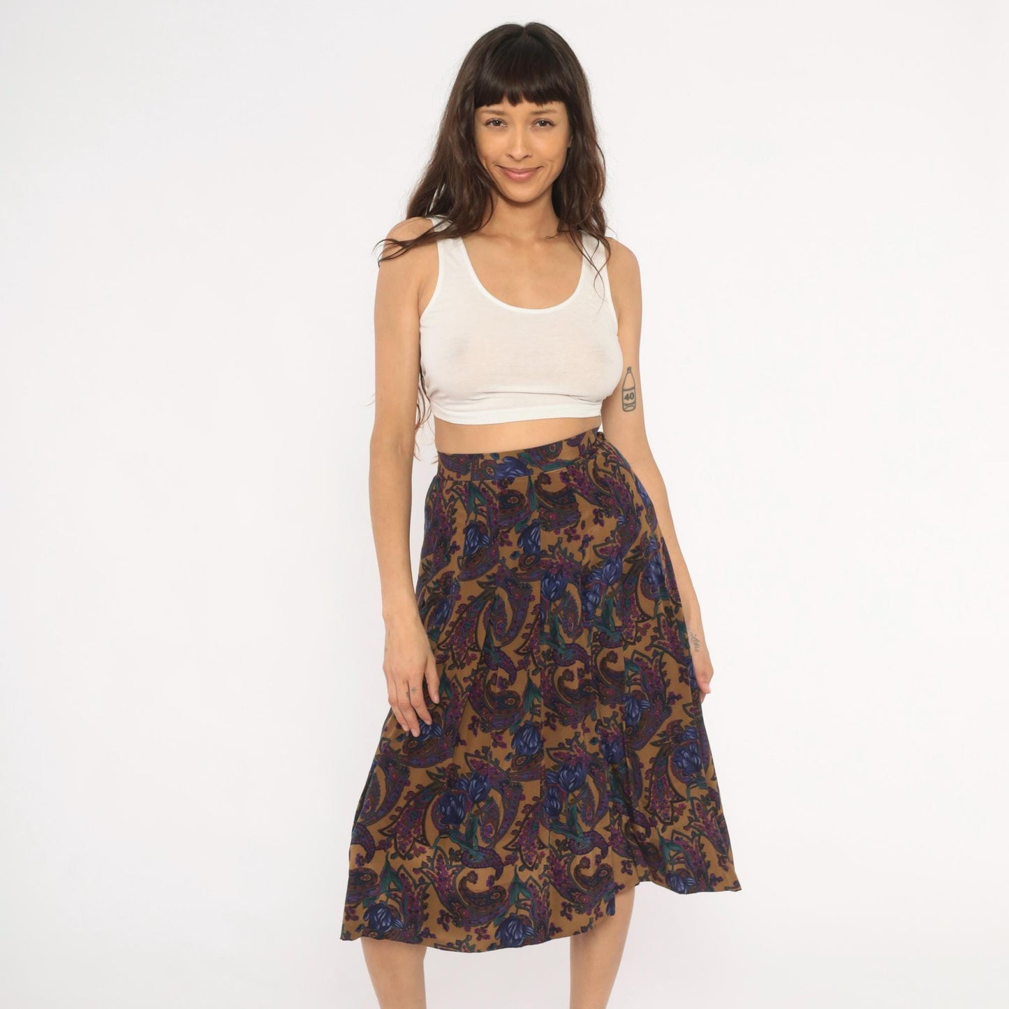 80s Saks Fifth Avenue Paisley Silk Skirt Knee-Length Pleated High Waist Small S