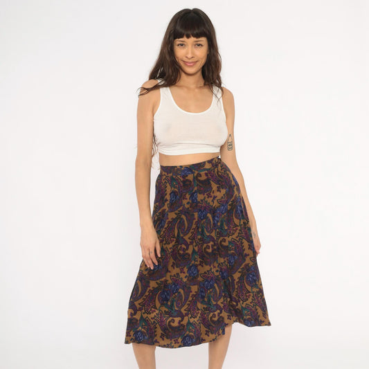 80s Saks Fifth Avenue Paisley Silk Skirt Knee-Length Pleated High Waist Small S