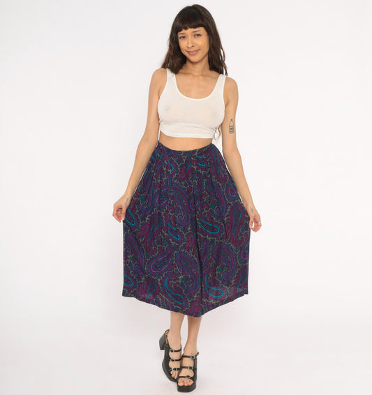 80s Paisley Midi Skirt Purple Teal A-Line Gathered Waist Small Medium