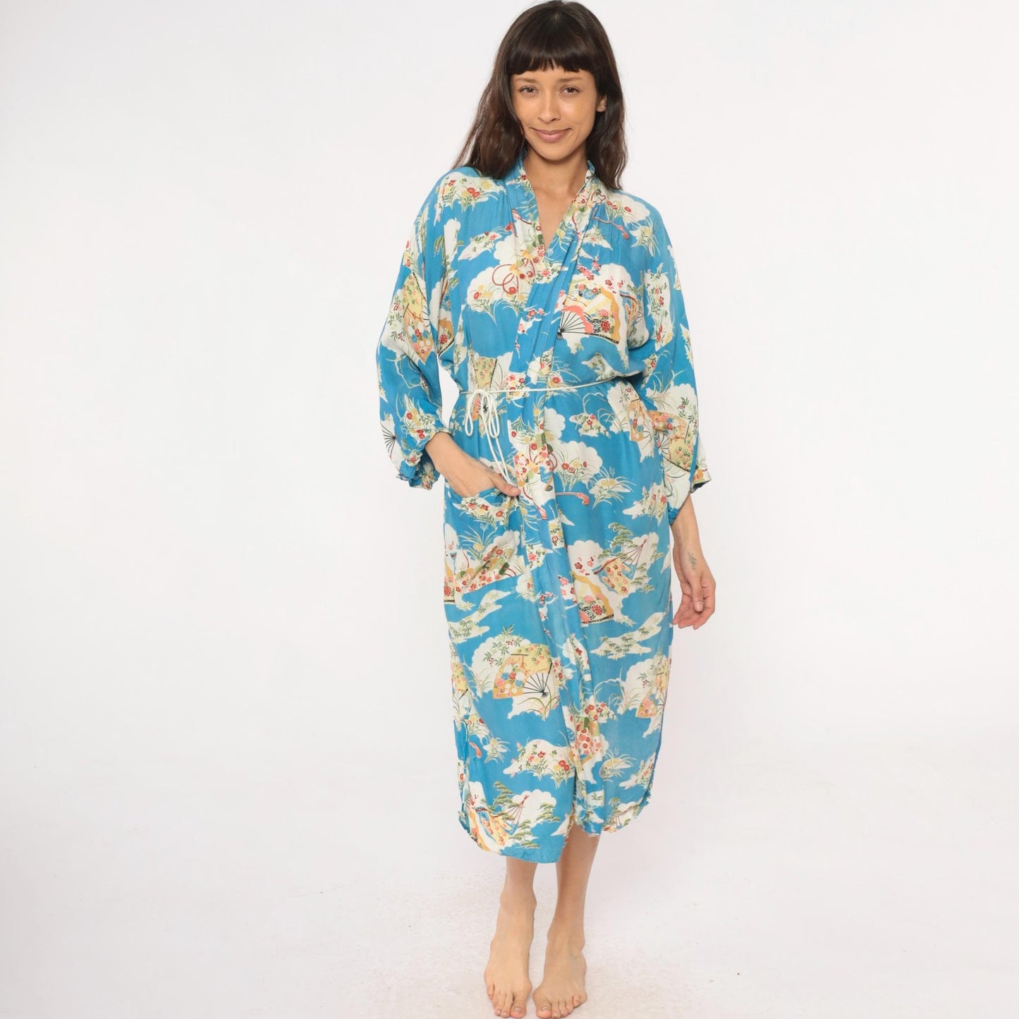 80s Japanese Fan Kimono Robe Blue Floral Maxi Cotton Wrap Large L