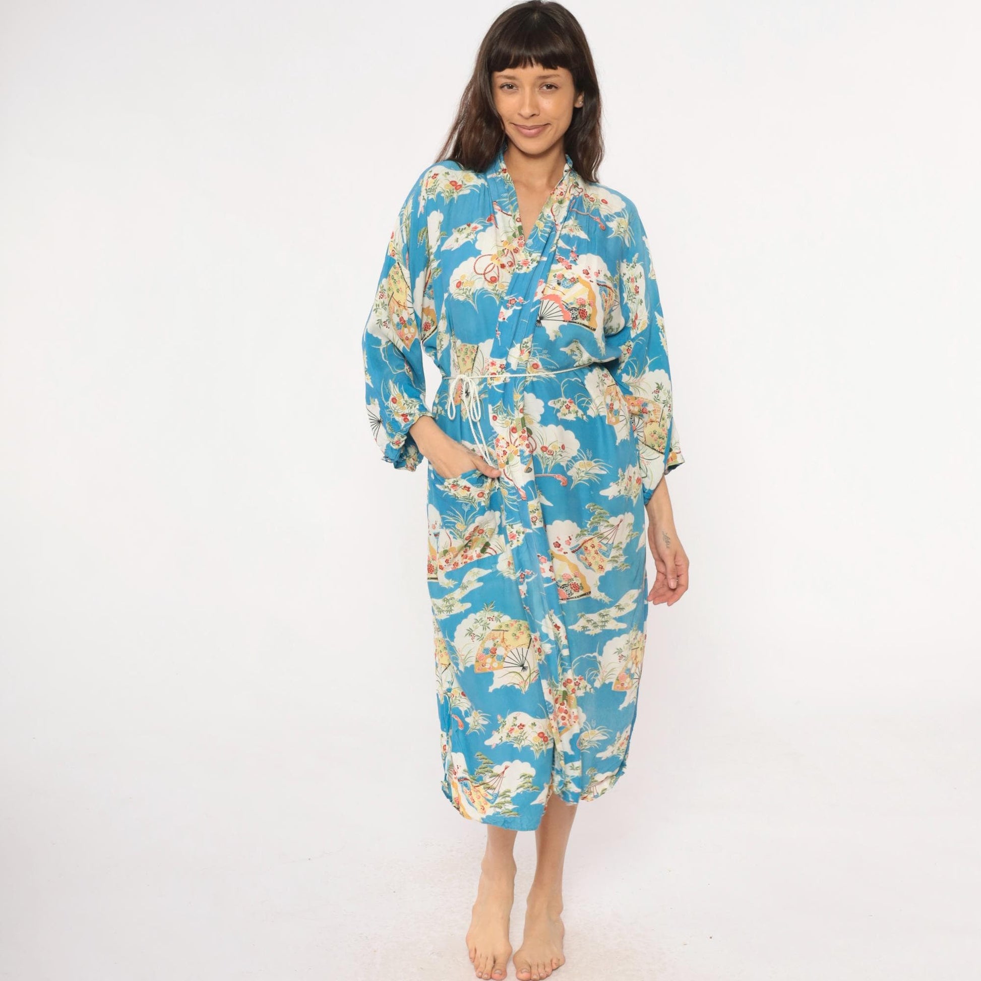 80s Japanese Fan Kimono Robe Blue Floral Maxi Cotton Wrap Large L