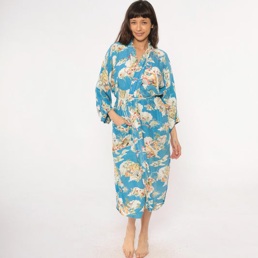 80s Japanese Fan Kimono Robe Blue Floral Maxi Cotton Wrap Large L
