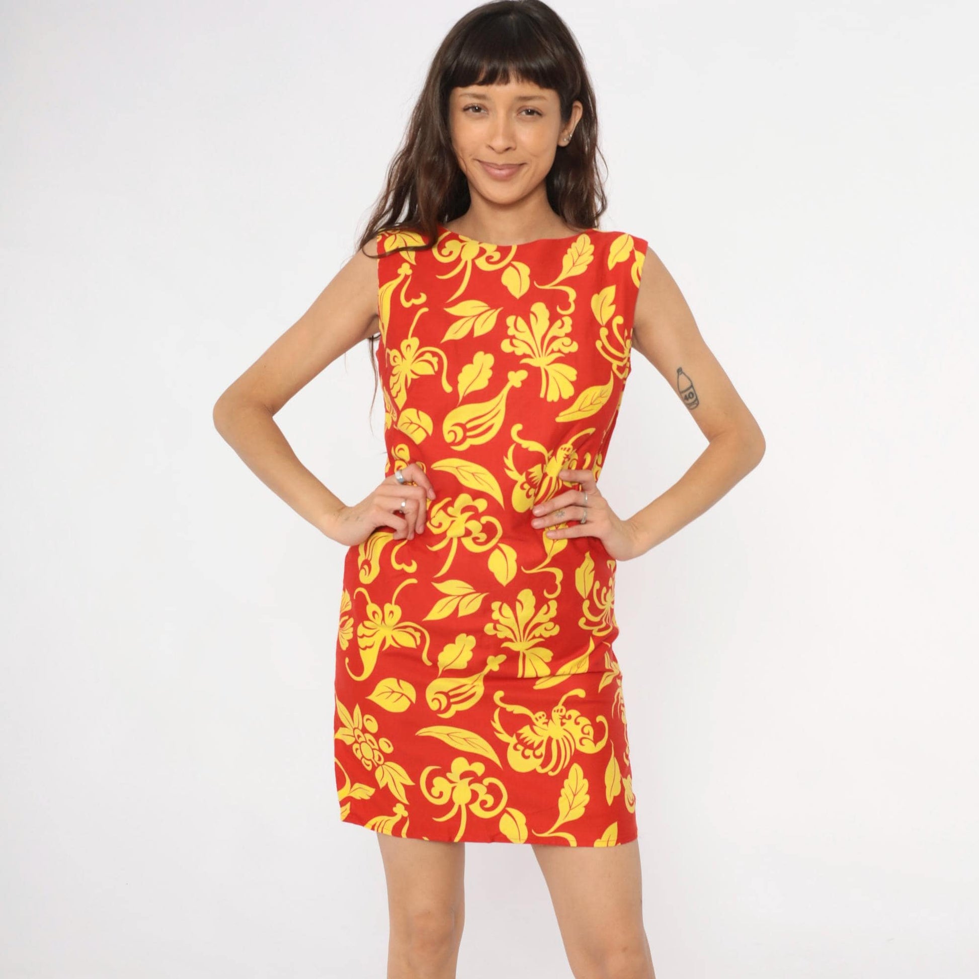 90s Red Floral Shift Dress Yellow Botanical Print Mini Small S