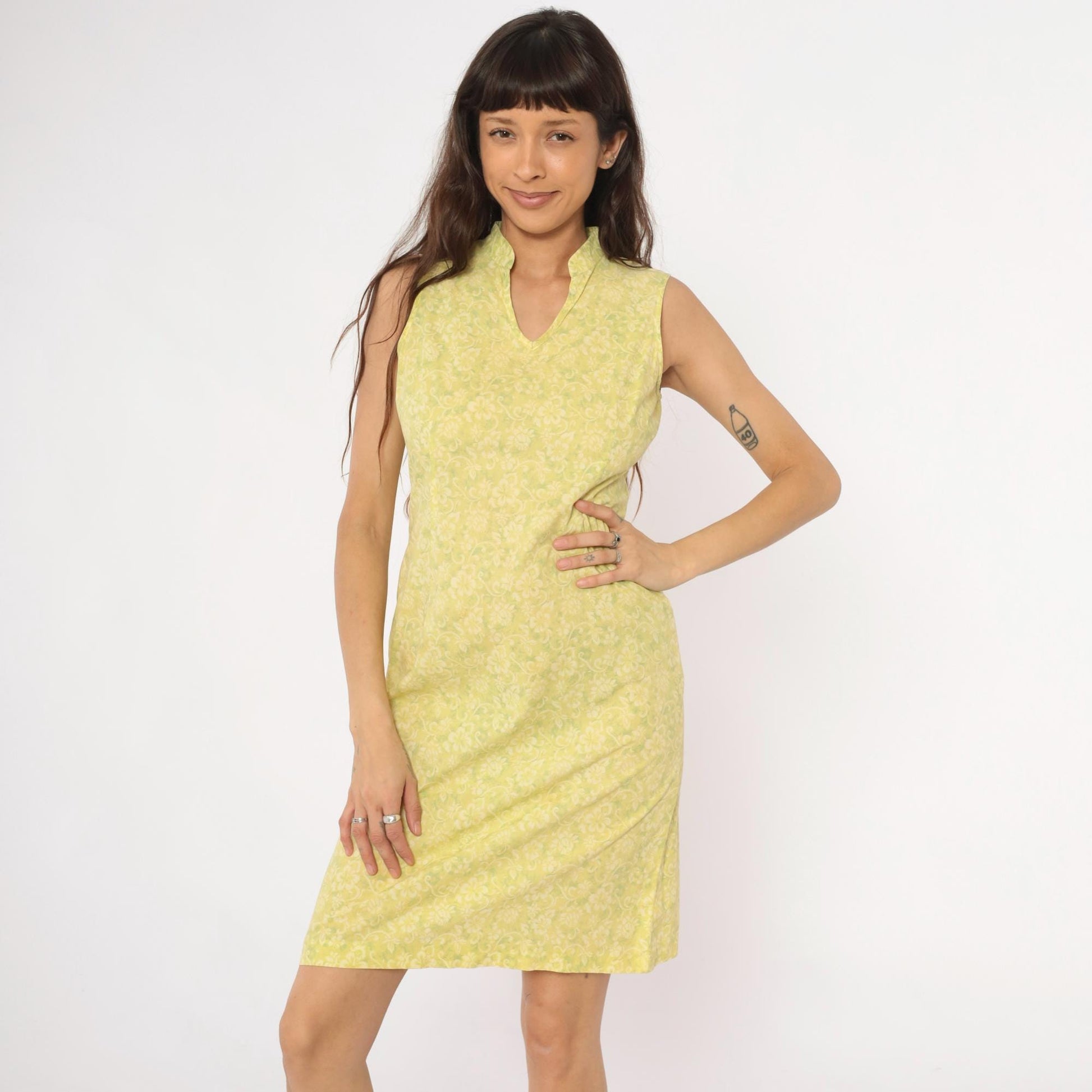 Y2K Yellow Floral Damask Knee-Length Shift Dress Collared Small