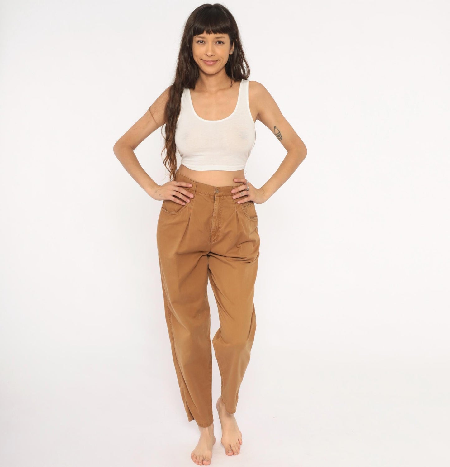 90s Pleated Trousers Mustard Cotton High Waisted Tapered Small S