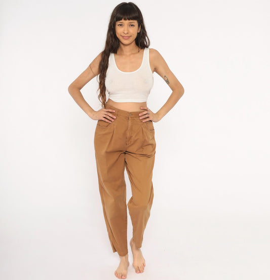 90s Pleated Trousers Mustard Cotton High Waisted Tapered Small S