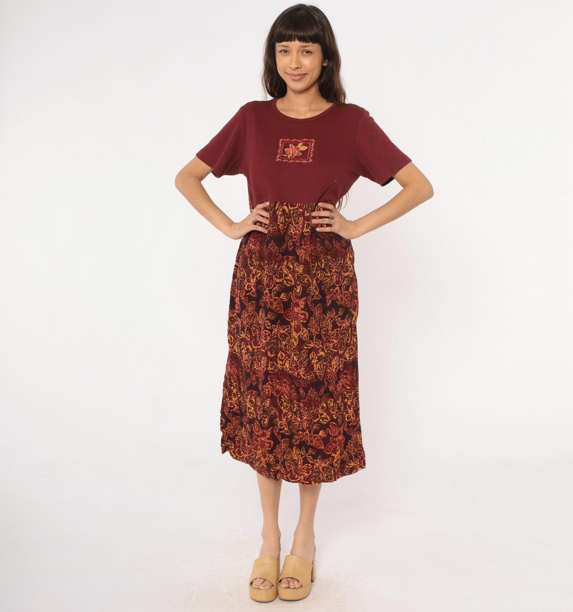 90s Burgundy Colorblock Floral Embroidered Midi Dress Rayon Medium M