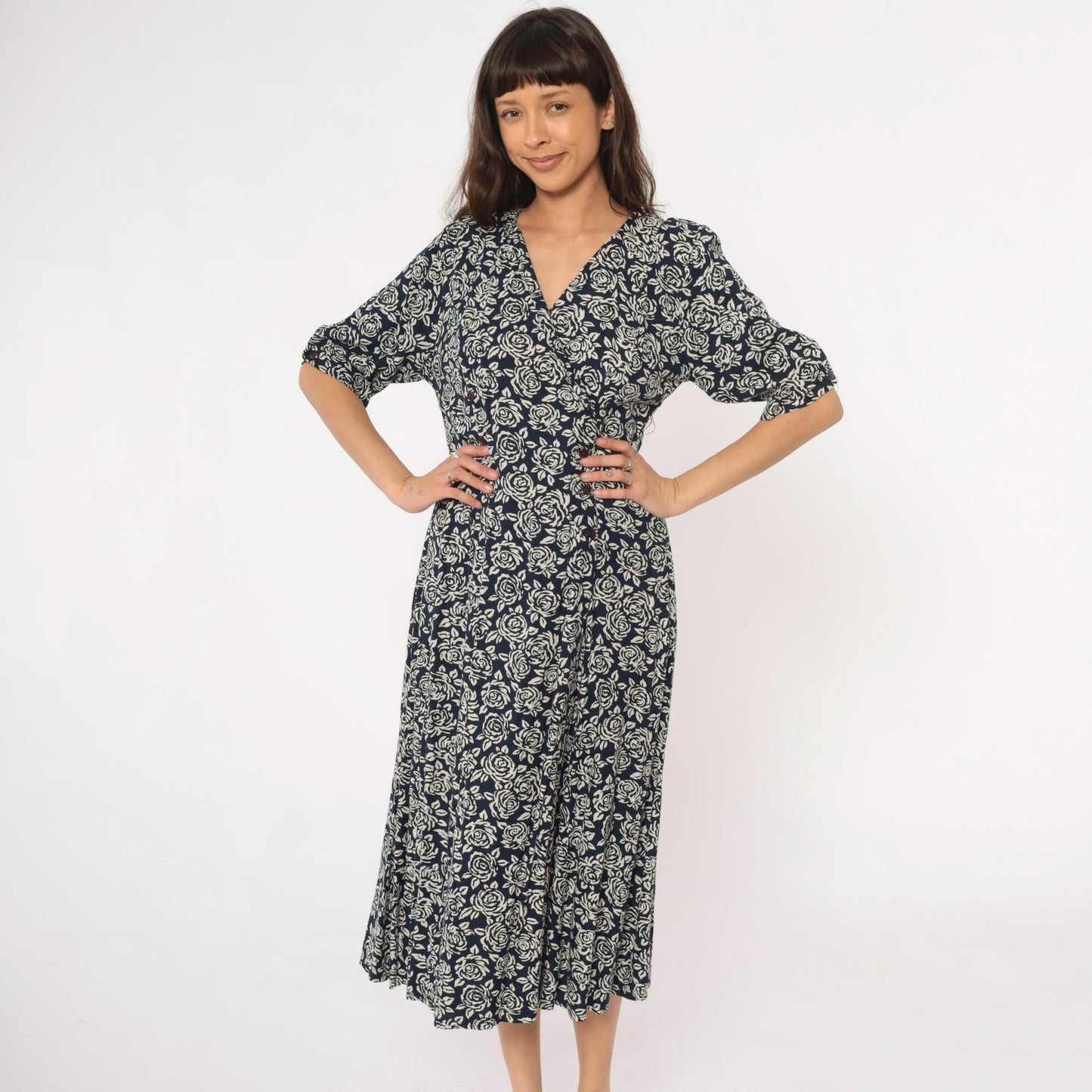 90s Floral Midi Dress Navy Cream Rose Print Wrap V-Neck Rayon Medium M