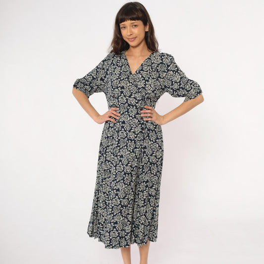 90s Floral Midi Dress Navy Cream Rose Print Wrap V-Neck Rayon Medium M