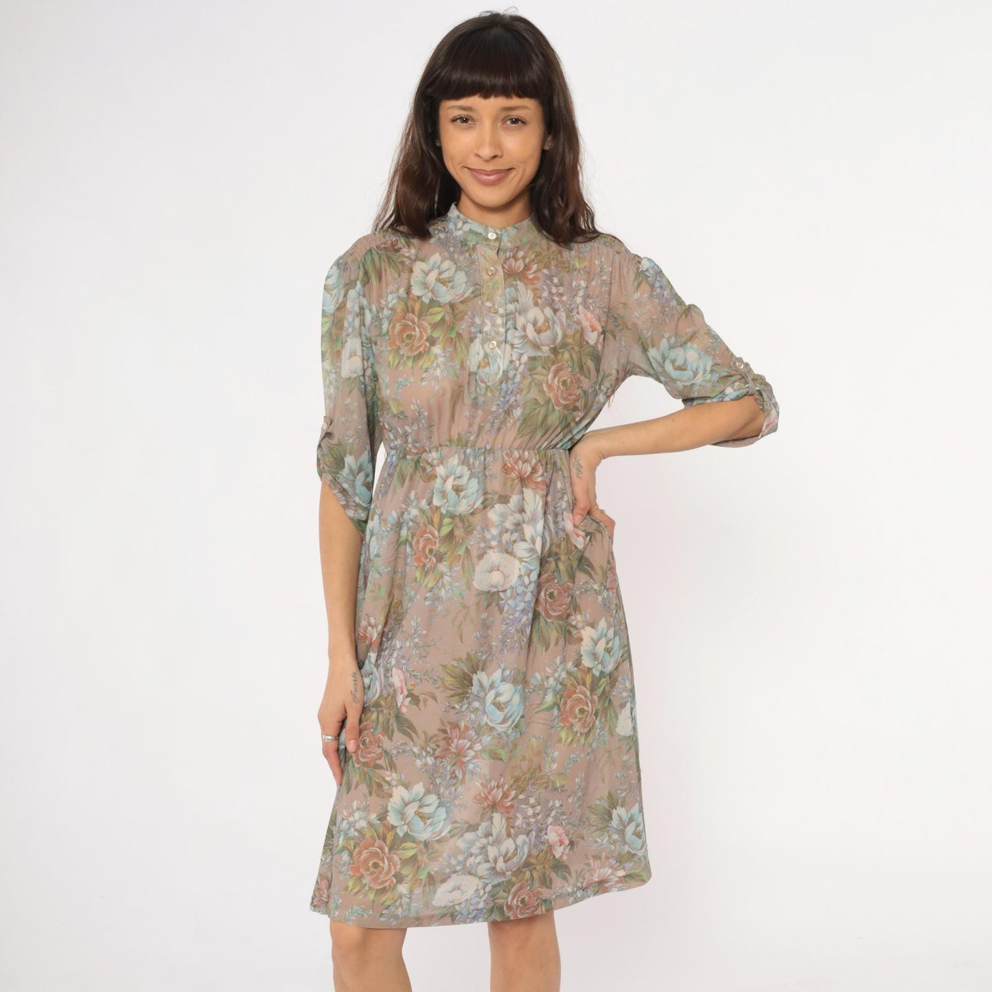 80s Floral Button-Front Dress Sheer Polyester Taupe Pink Green Small