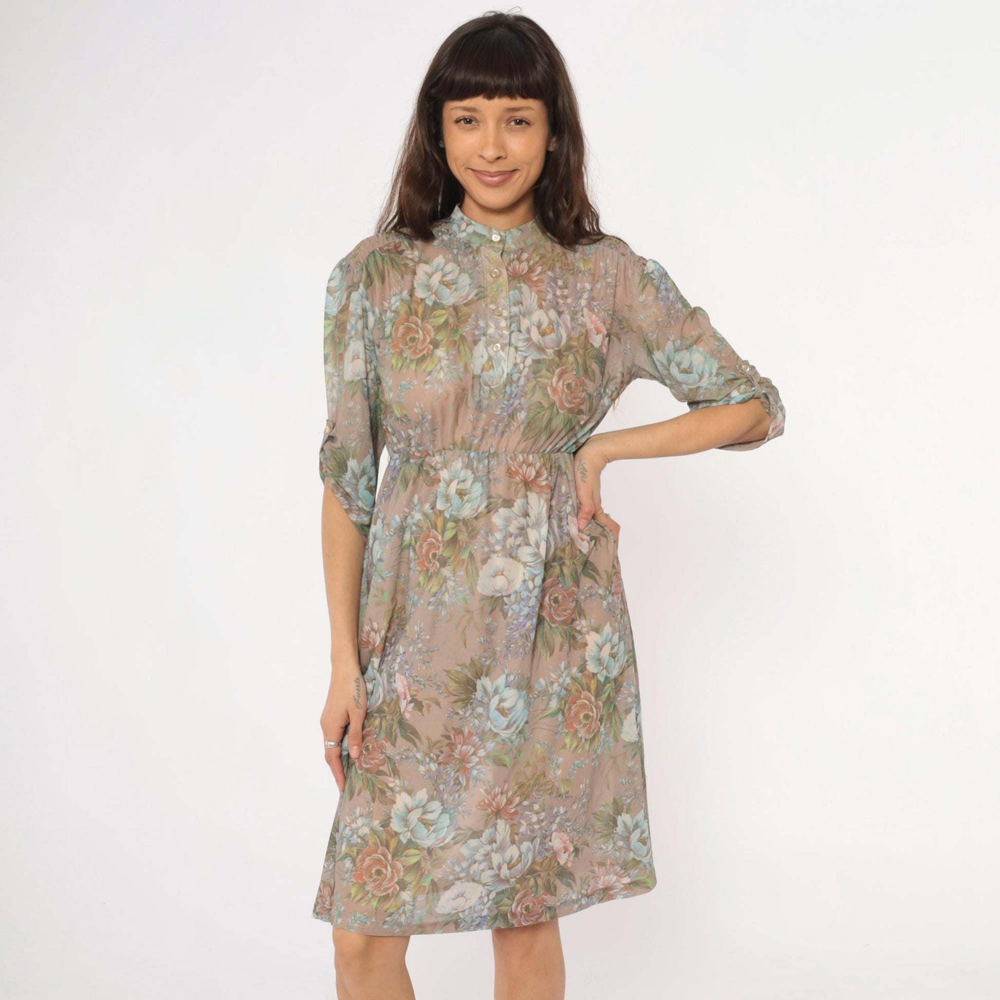 80s Floral Button-Front Dress Sheer Polyester Taupe Pink Green Small