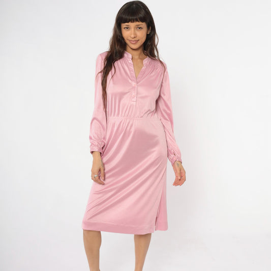 70s Leslie Fay Pink Knee-Length Dress V-Neck Smocked Shoulders Medium Large