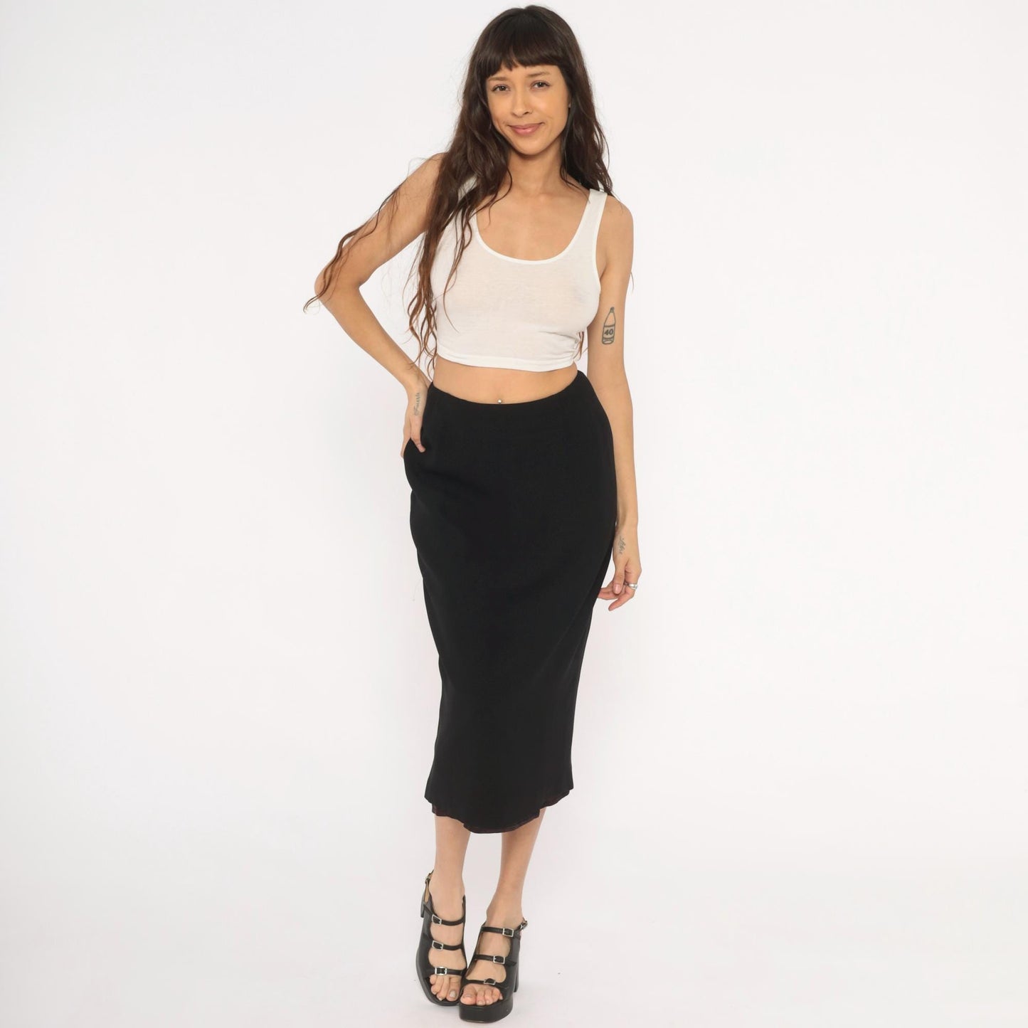 90s Noelle Black Pencil Skirt Midi High Waist Back Zip Small S
