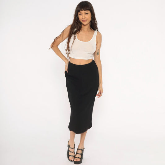 90s Noelle Black Pencil Skirt Midi High Waist Back Zip Small S