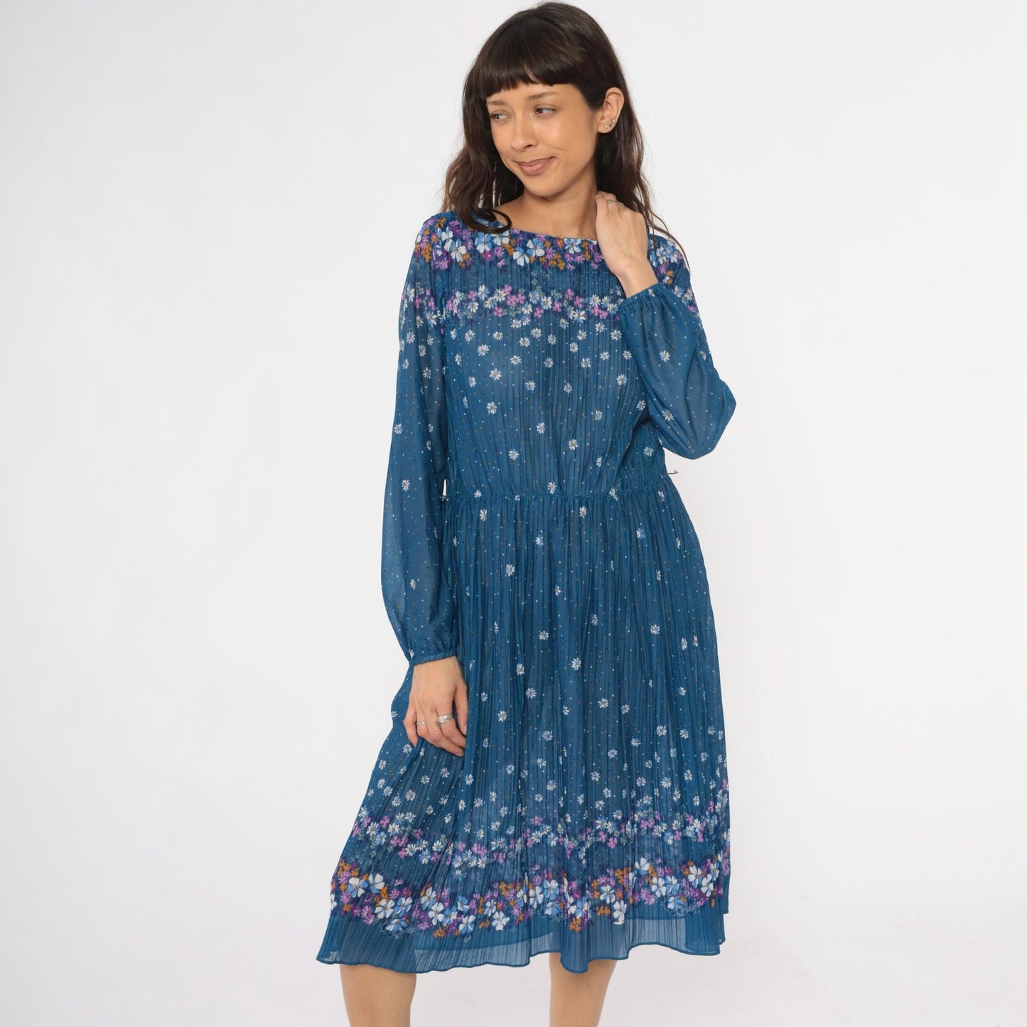 80s Malouf of Dallas Floral Midi Dress Blue Pleated Long Sleeve Medium