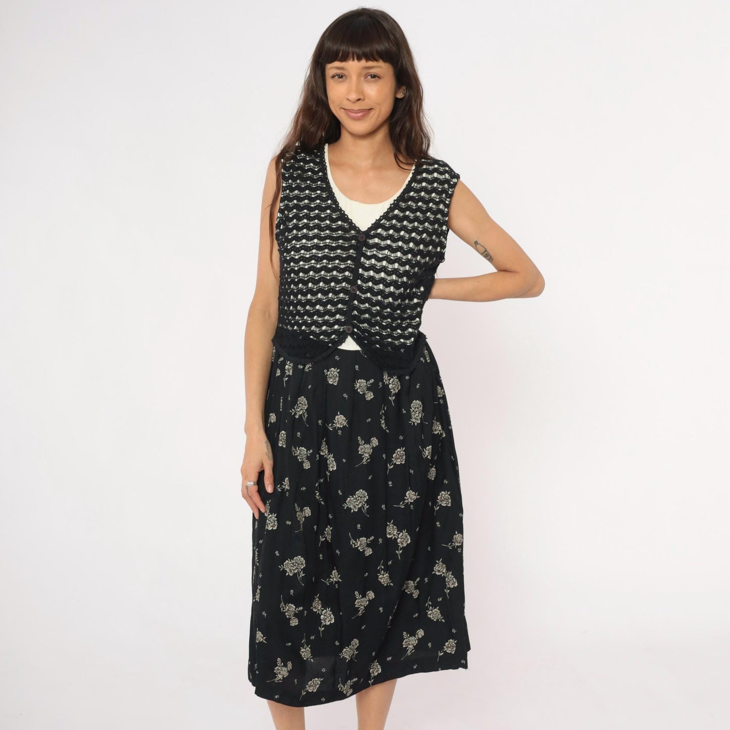 90s Molly Malloy Black Floral Midi Dress with Knit Vest Overlay Small