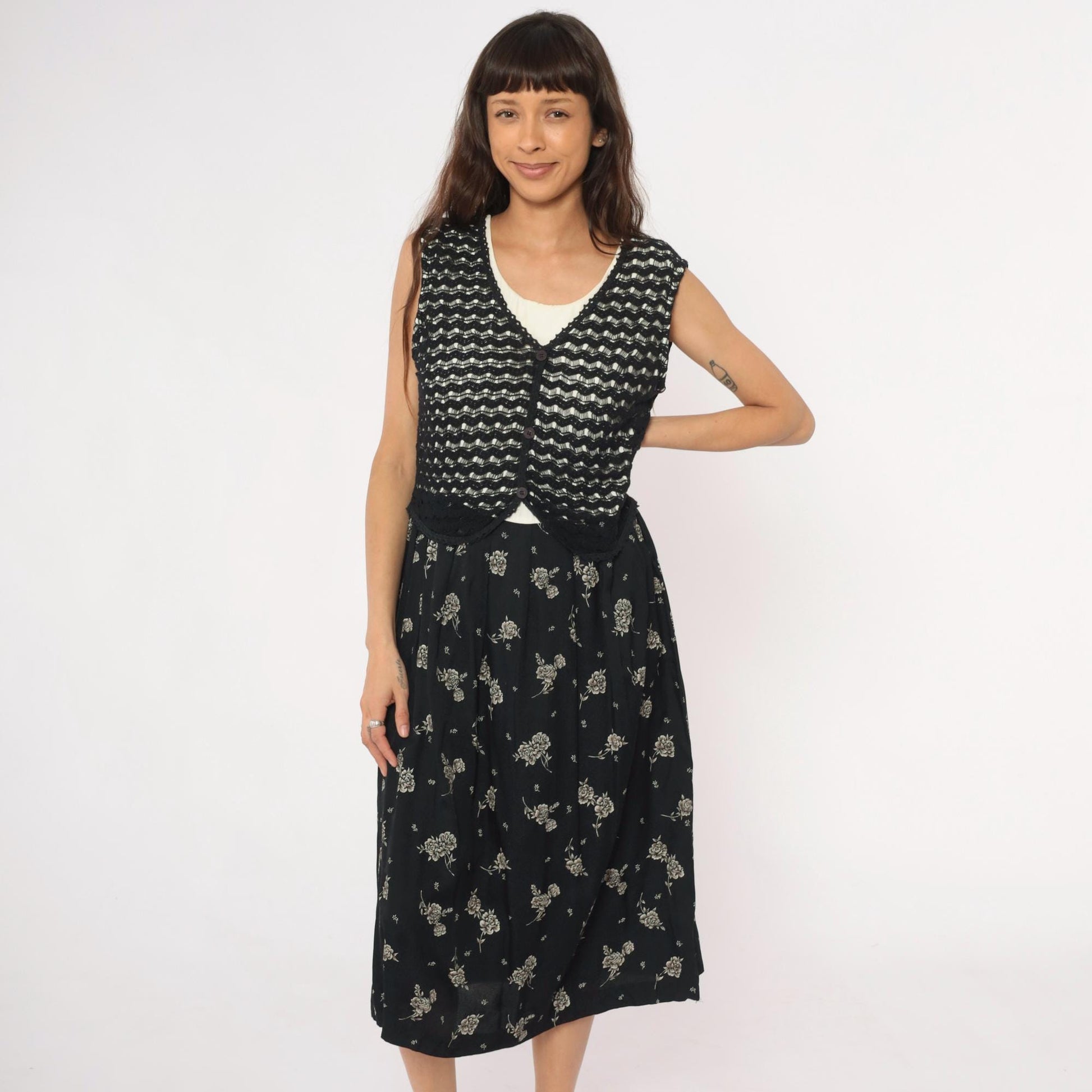 90s Molly Malloy Black Floral Midi Dress with Knit Vest Overlay Small